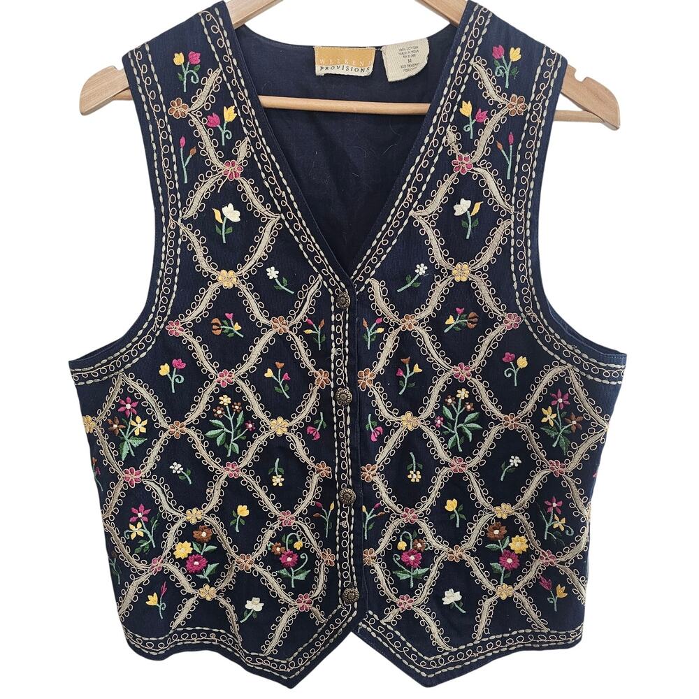 Vintage Embroidered Floral Vest Womens Med Blue 90s Granny Boho Indie  Cottage